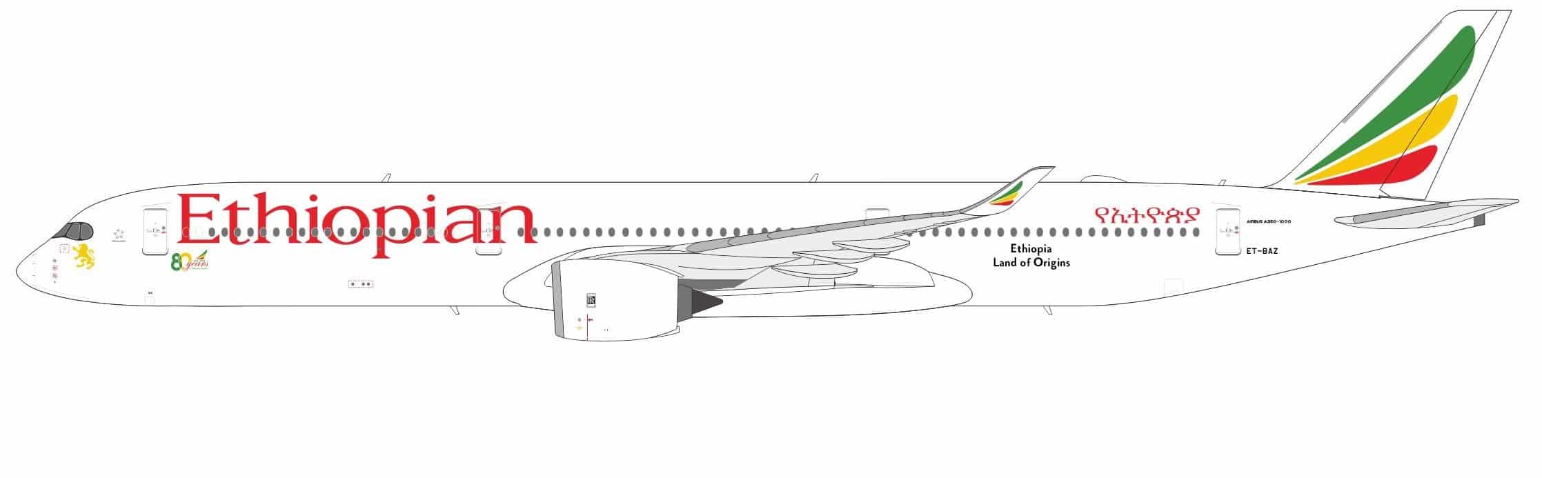 NG Models 1:400 Ethiopian Airlines Airbus A350-1000 XWB "80th Anniversary" ET-BAZ (NG57035)